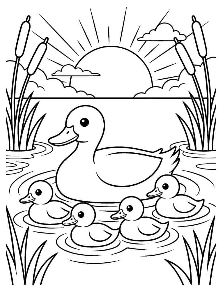 Mother duck and ducklings in pond