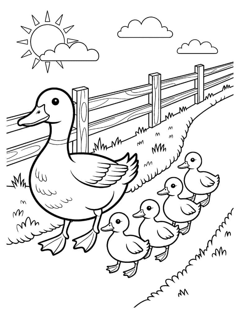 mother and four ducklings on a grassy path