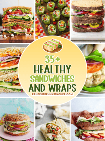 Healthy sandwiches and wraps collage featuring veggie sandwiches, pinwheel wraps, salmon burger lettuce wrap, and layered deli sandwiches with fresh vegetables and whole grain bread.
