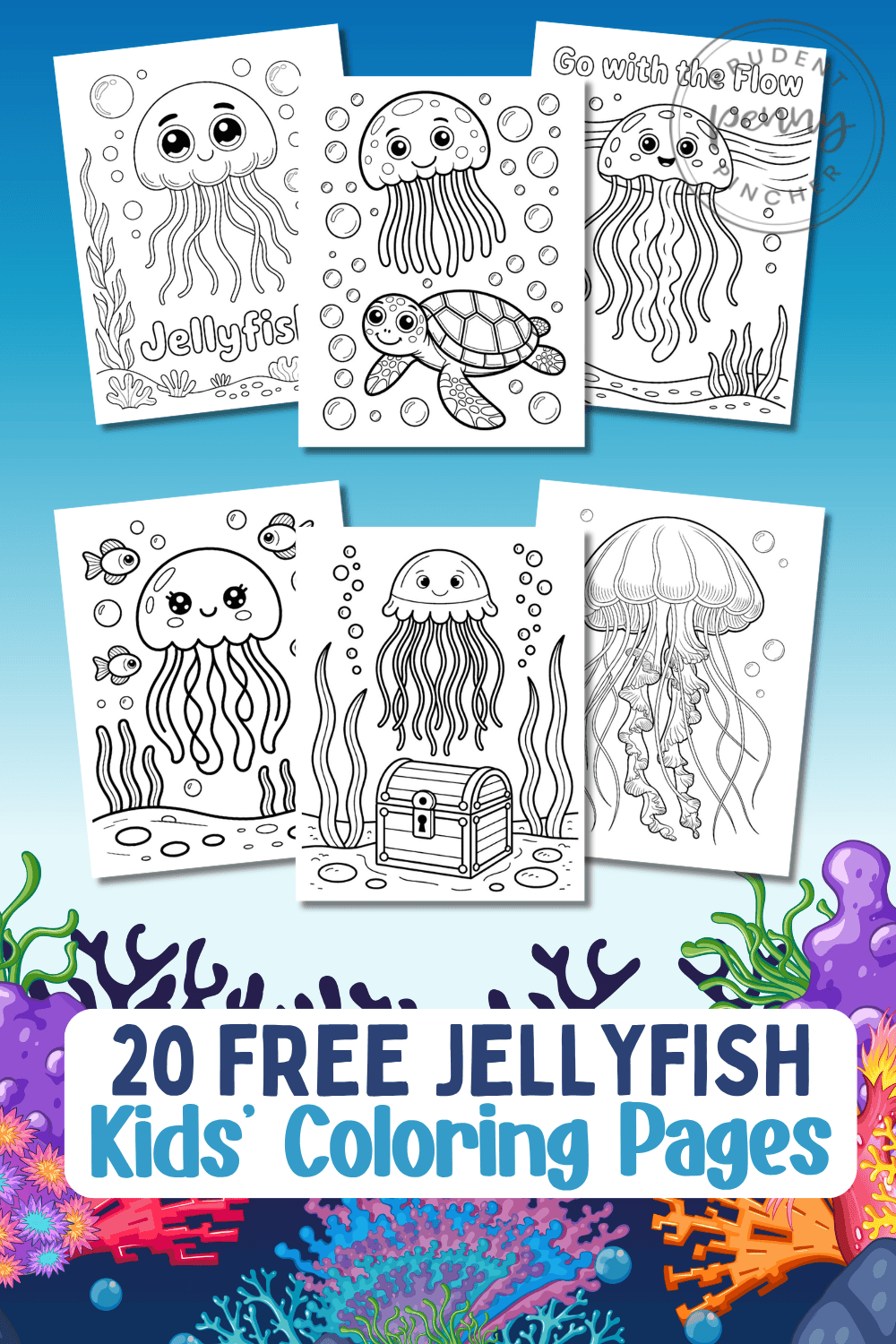 free jellyfish coloring pages for kids with printable ocean-themed coloring sheets featuring cute jellyfish, sea animals, bubbles, and underwater scenes on a coral reef background.