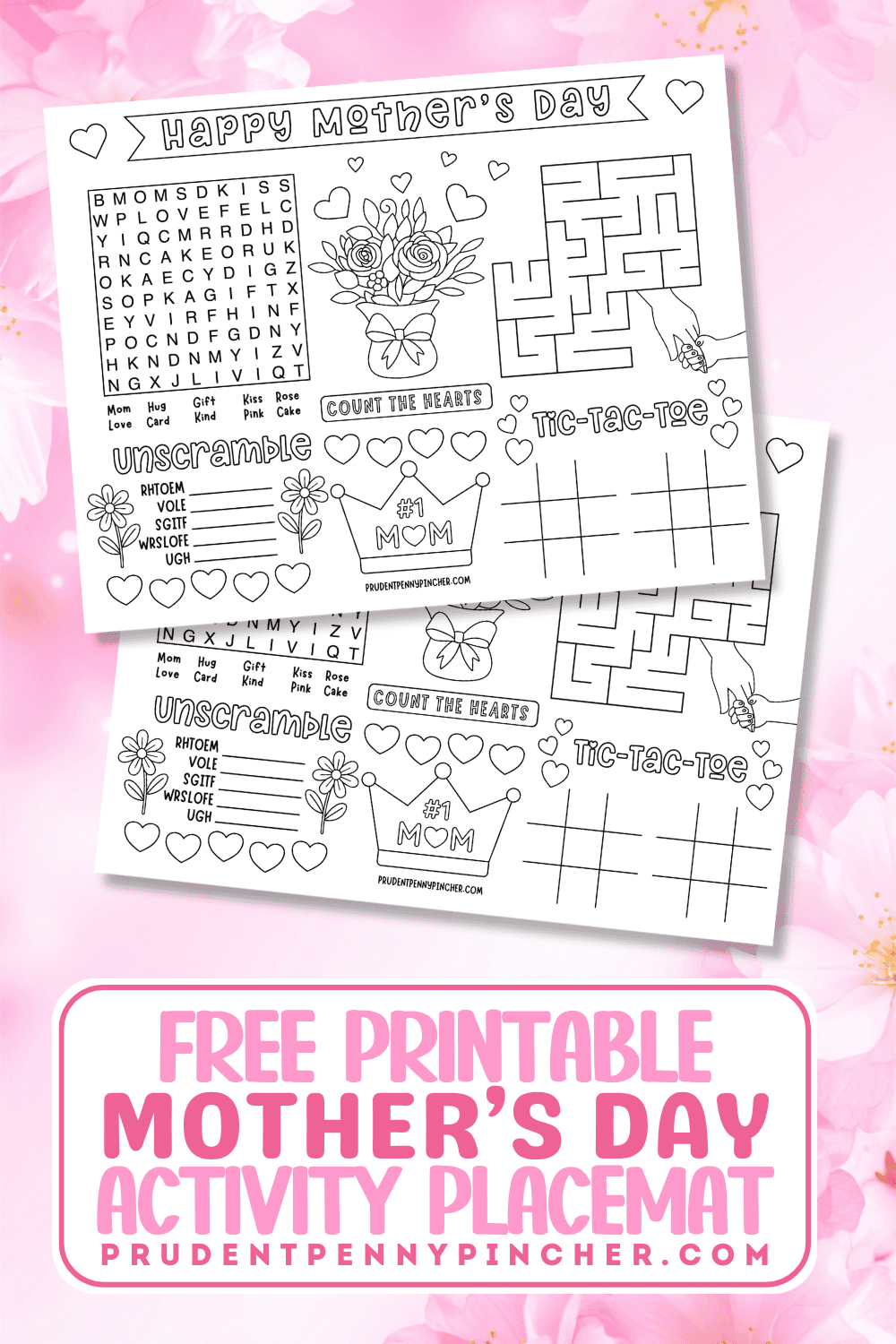 Free printable Mother’s Day activity placemats for kids on a pink floral background.