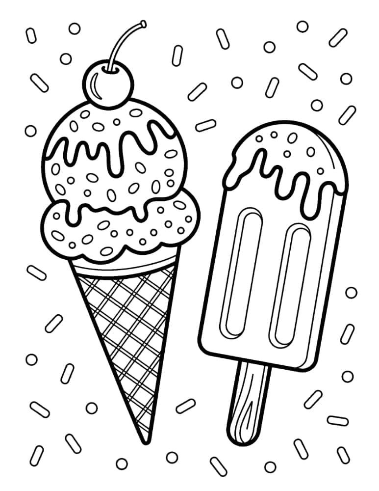 Ice cream coloring page with cherry and popsicle surrounded by sprinkles