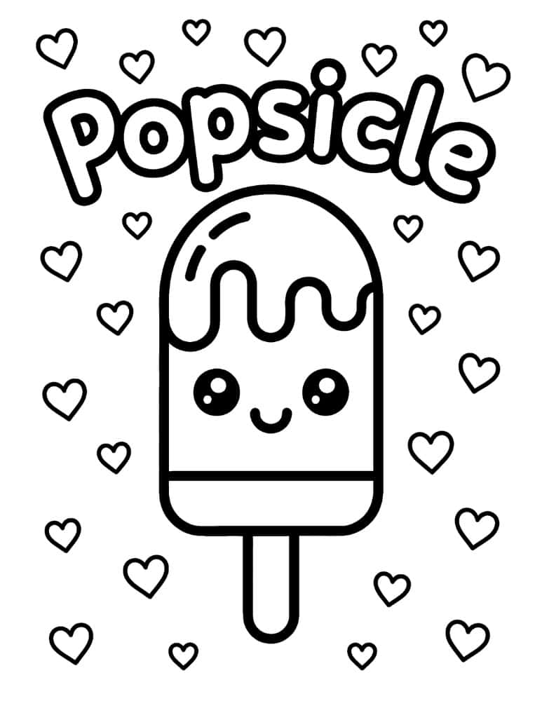 Cute popsicle coloring page with face and hearts