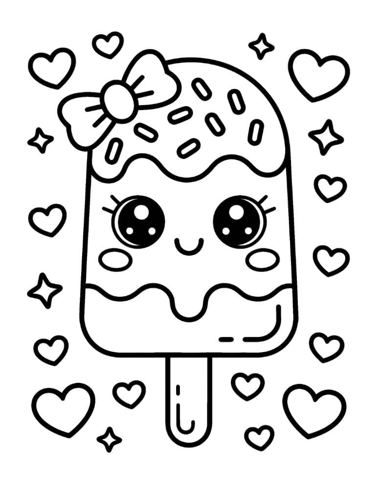 Kawaii popsicle with bow, sprinkles, hearts, and stars