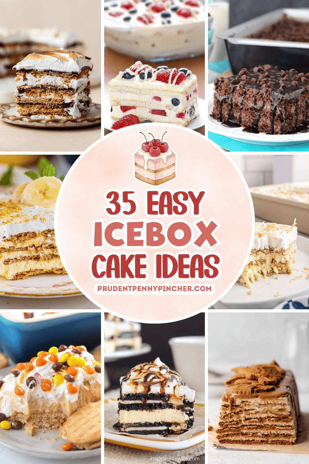 Collage of icebox cake slices featuring chocolate, berry, banana, peanut butter, and cookie icebox cake desserts.