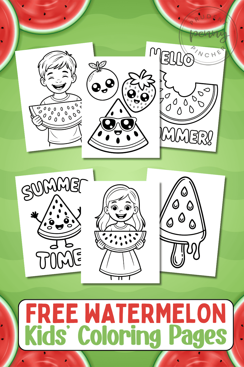Free watermelon coloring pages for kids featuring cute summer fruit designs, watermelon slices, popsicles.