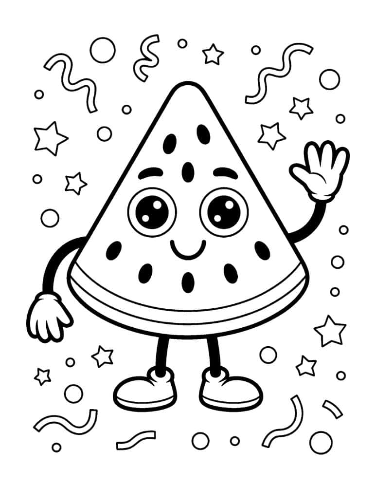 Waving watermelon character coloring page with confetti background
