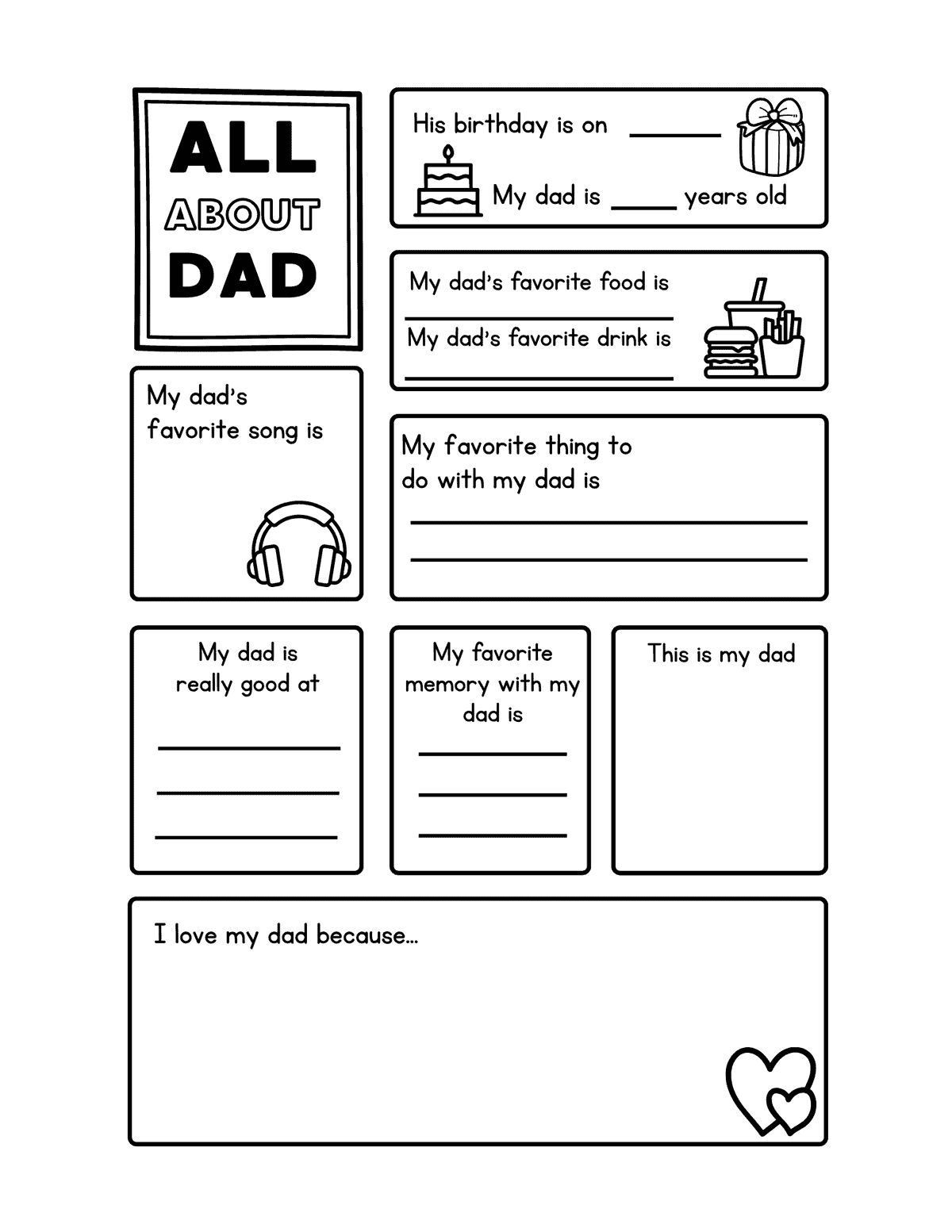 All About Dad printable worksheet with writing prompts about dad’s birthday, favorite food, favorite drink, favorite memory, and a drawing space.