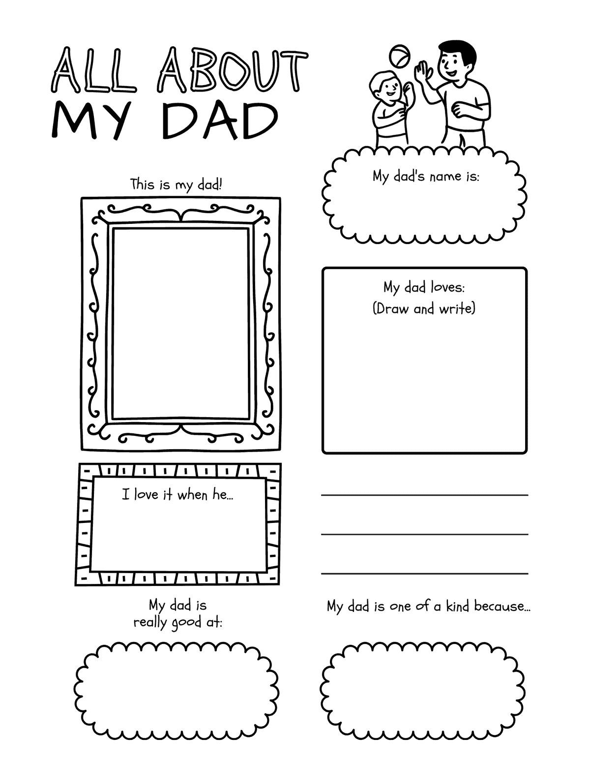 page with prompts for dad’s name, what he loves, favorite activities, and why he is one of a kind.