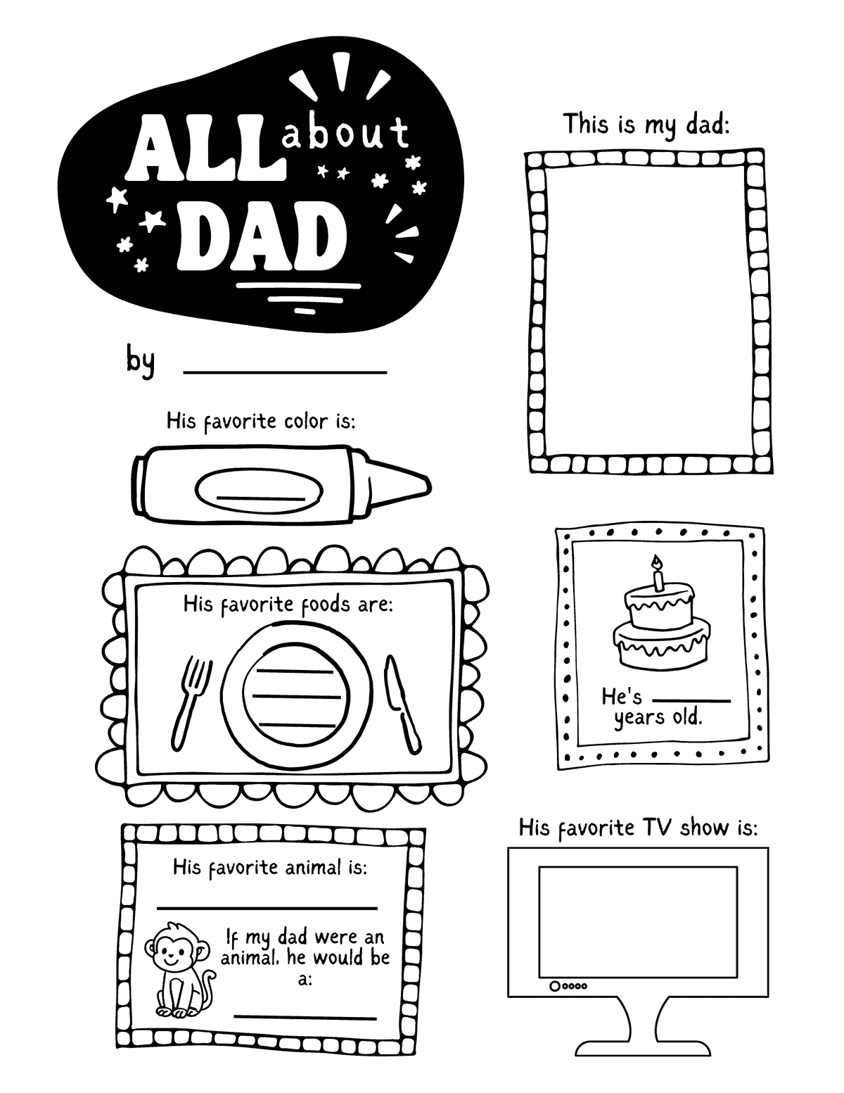 questionnaire printable with prompts for dad’s favorite color, foods, animal, TV show, and age.