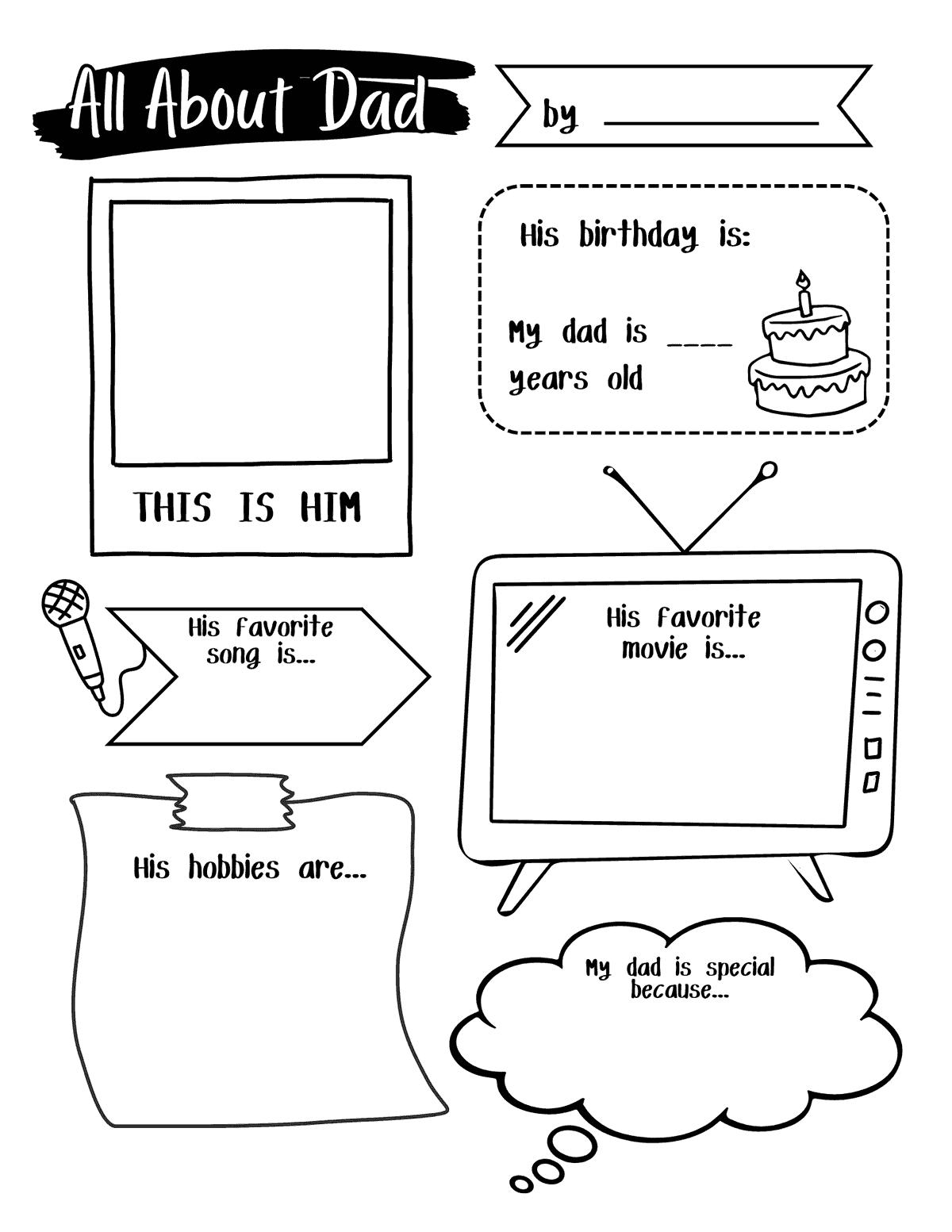 worksheet for kids with spaces to write about dad’s birthday, favorite song, hobbies, favorite movie, and why he is special