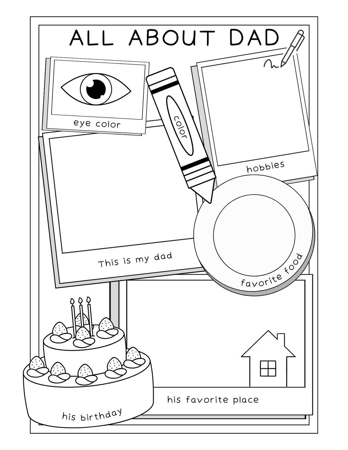 page with drawing spaces for dad’s eye color, hobbies, favorite food, favorite place, and birthday.