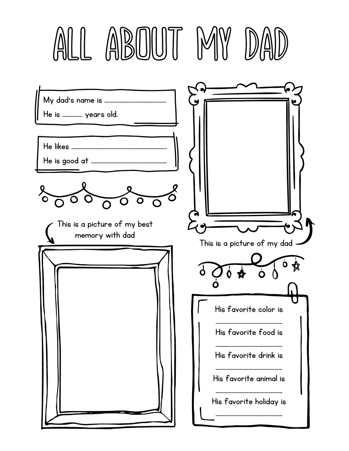 All About My Dad printable questionnaire with spaces for favorite things, favorite memory, drawings, and dad’s favorite food and drink.