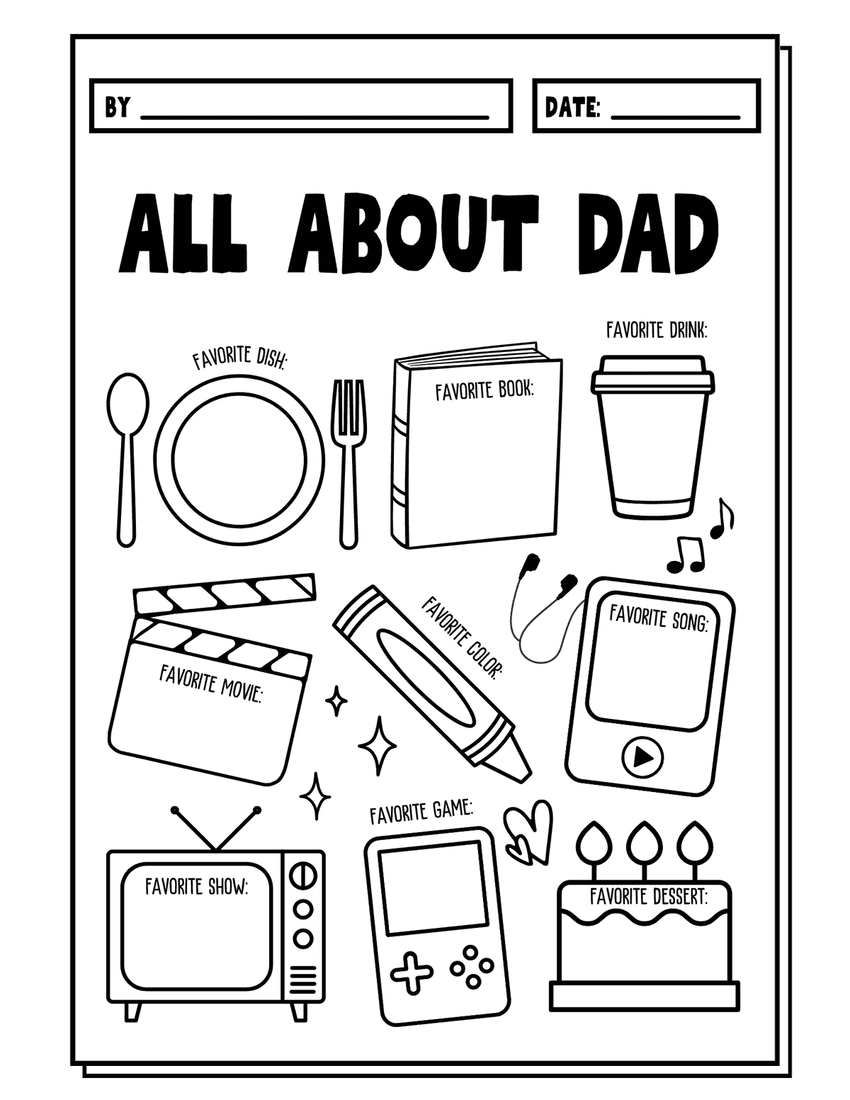 All About Dad favorite things printable with prompts for favorite dish, book, drink, movie, song, show, game, color, and dessert.