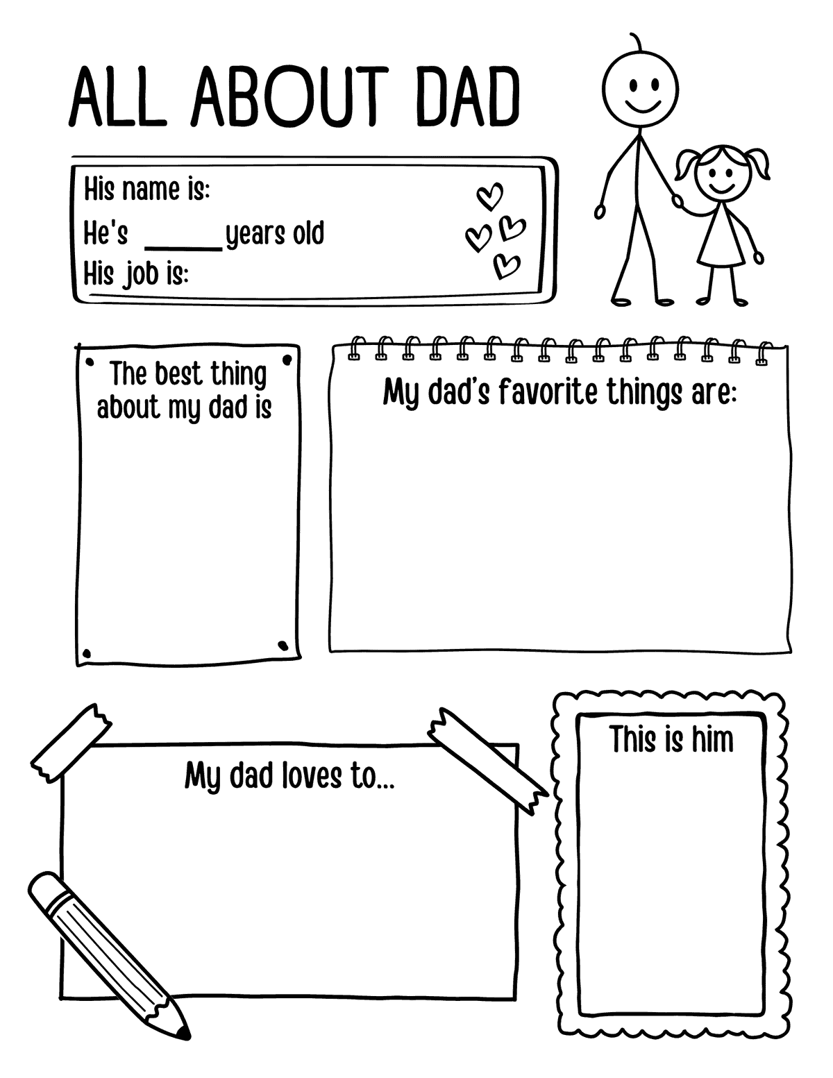 Father's Day activity sheet with writing prompts about dad’s name, job, favorite things, what he loves to do, and a drawing space.