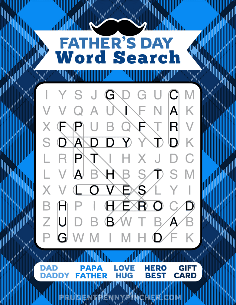 answer key showing the hidden words circled on a blue plaid printable puzzle.
