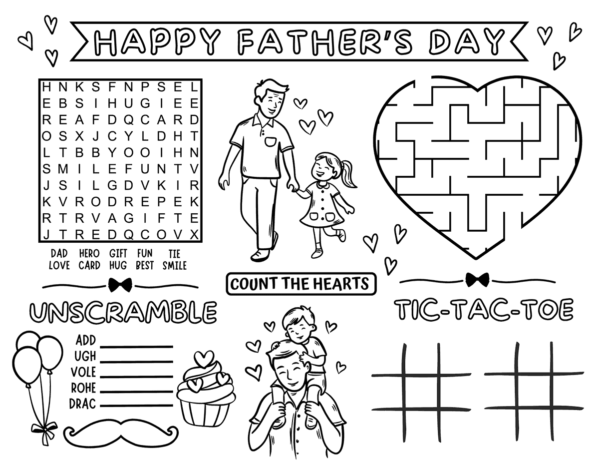 activity sheet for kids featuring a word search, unscramble activity, heart maze, count the hearts game, tic-tac-toe, and coloring pictures.