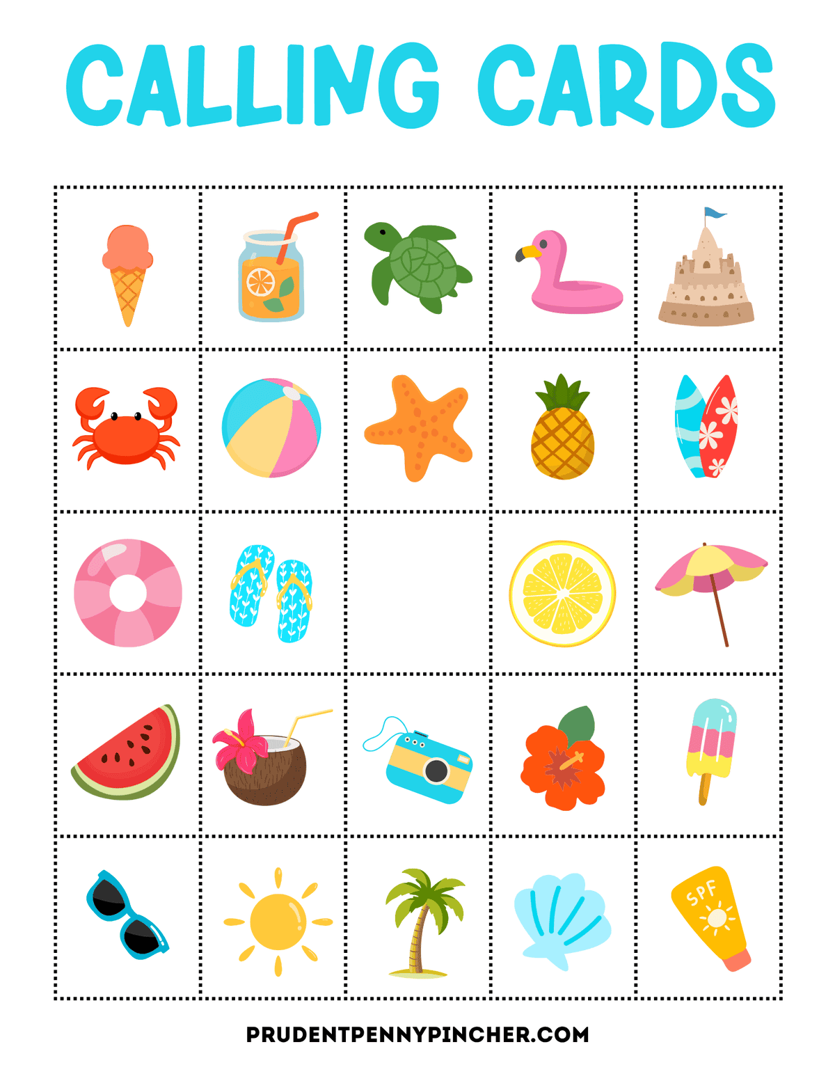 calling cards with colorful beach, fruit, ocean, and summer-themed pictures