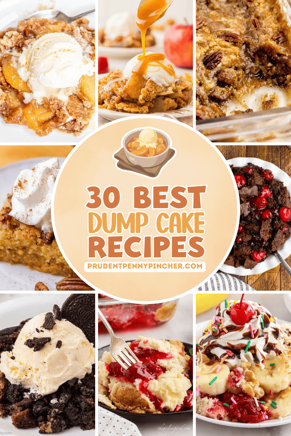 Collage of easy dump cake recipes with peach, apple, pecan, chocolate cherry, Oreo, strawberry cream cheese, and banana split desserts.