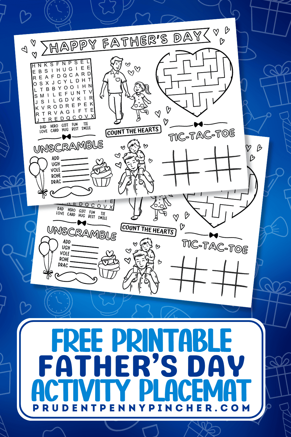 Free printable Father’s Day activity placemat pages on a blue background.