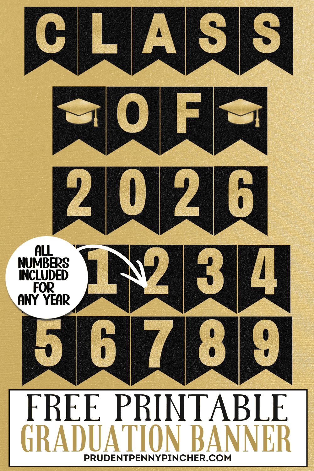Free printable black and gold Class of 2026 graduation banner on a gold glitter background.