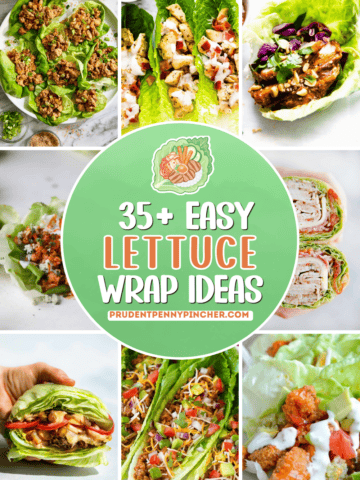 A collage of lettuce wrap recipes with chicken, burger, taco, seafood, and Asian-inspired lettuce wraps