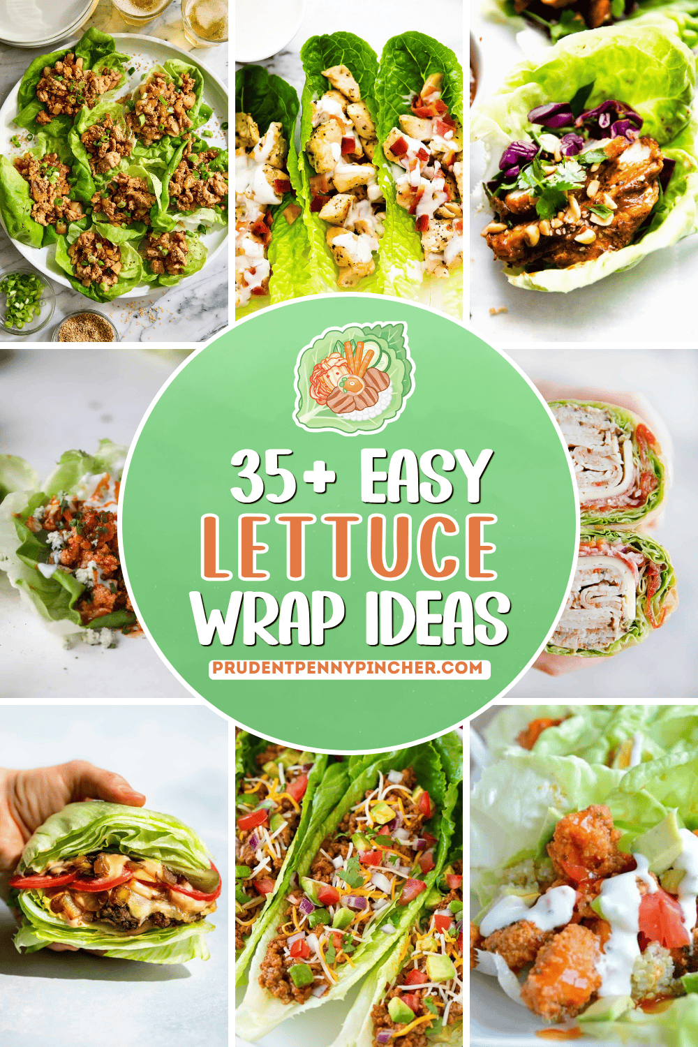 A collage of lettuce wrap recipes with chicken, burger, taco, seafood, and Asian-inspired lettuce wraps