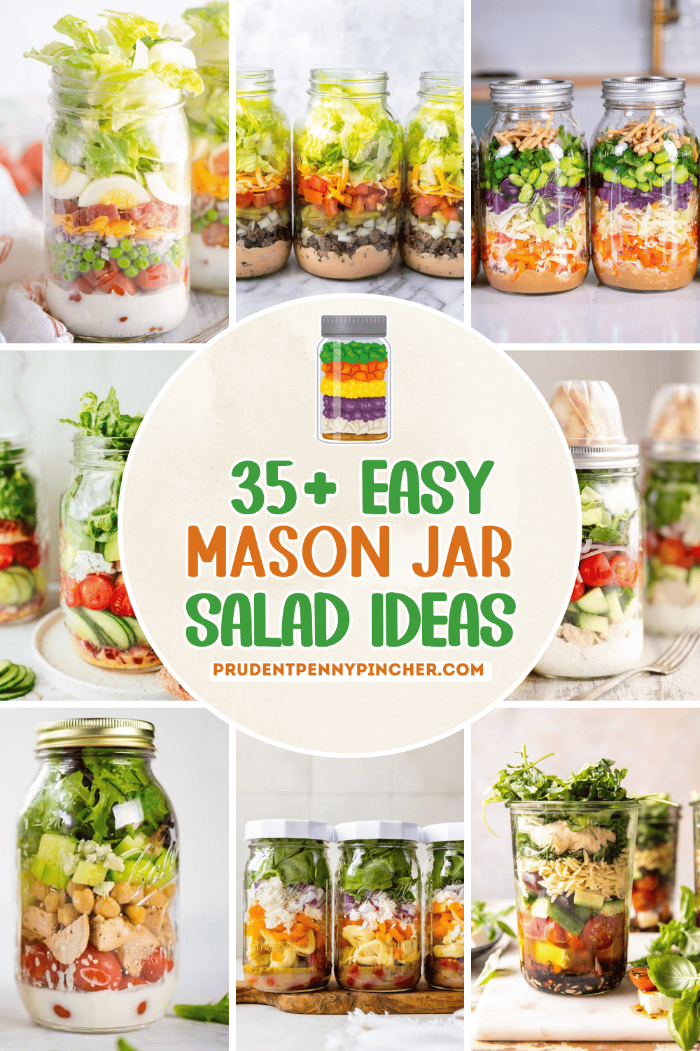 Collage of colorful mason jar salads with layered vegetables, greens, pasta, chicken, and dressing.