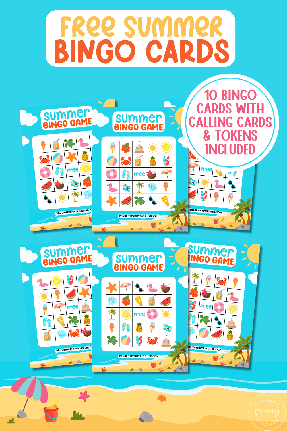 Free printable summer bingo card pages on a blue summer background