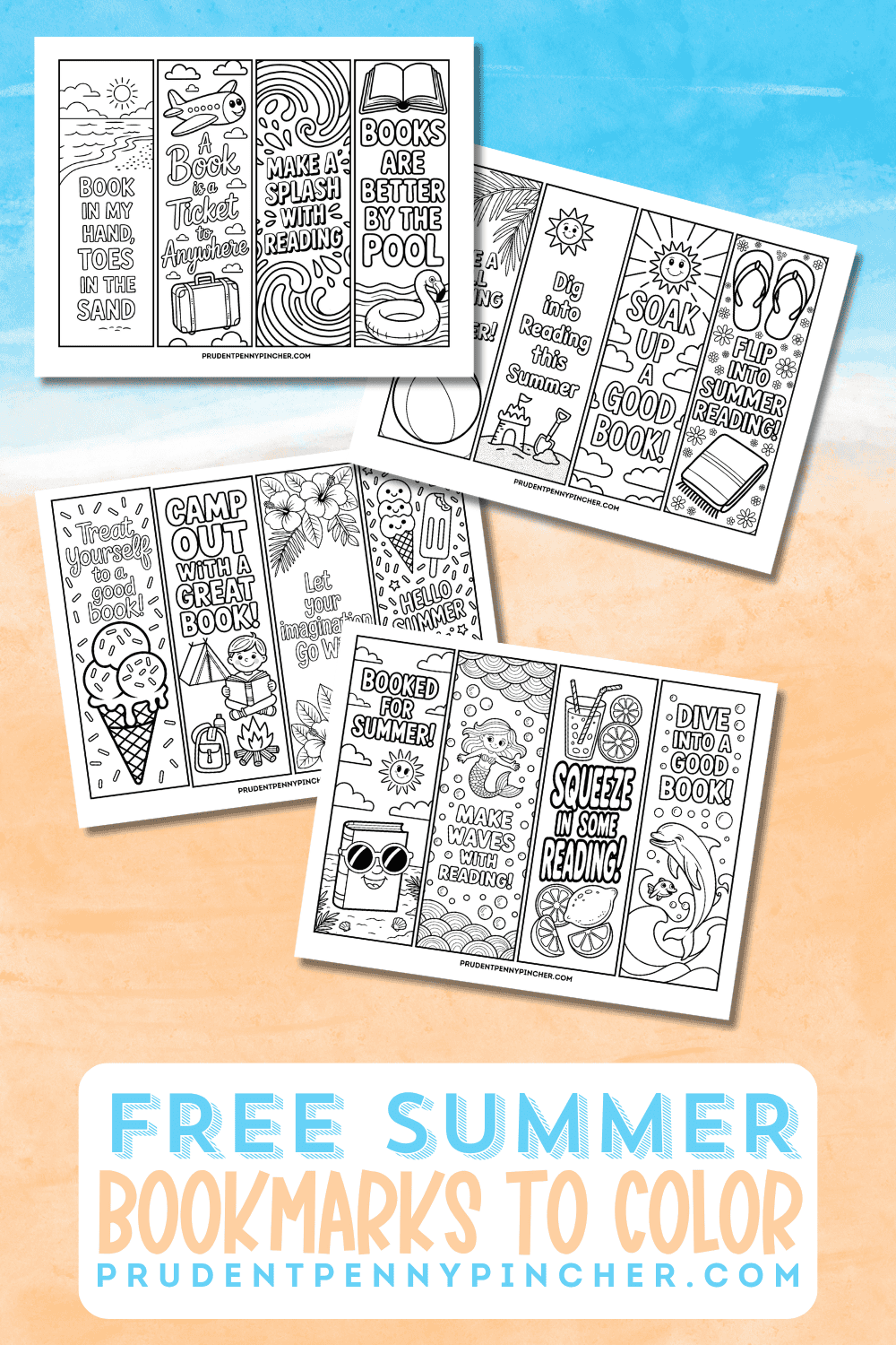 Free summer bookmarks to color collage featuring printable beach, pool, camping, mermaid, ice cream, lemonade, and ocean-themed bookmark designs.