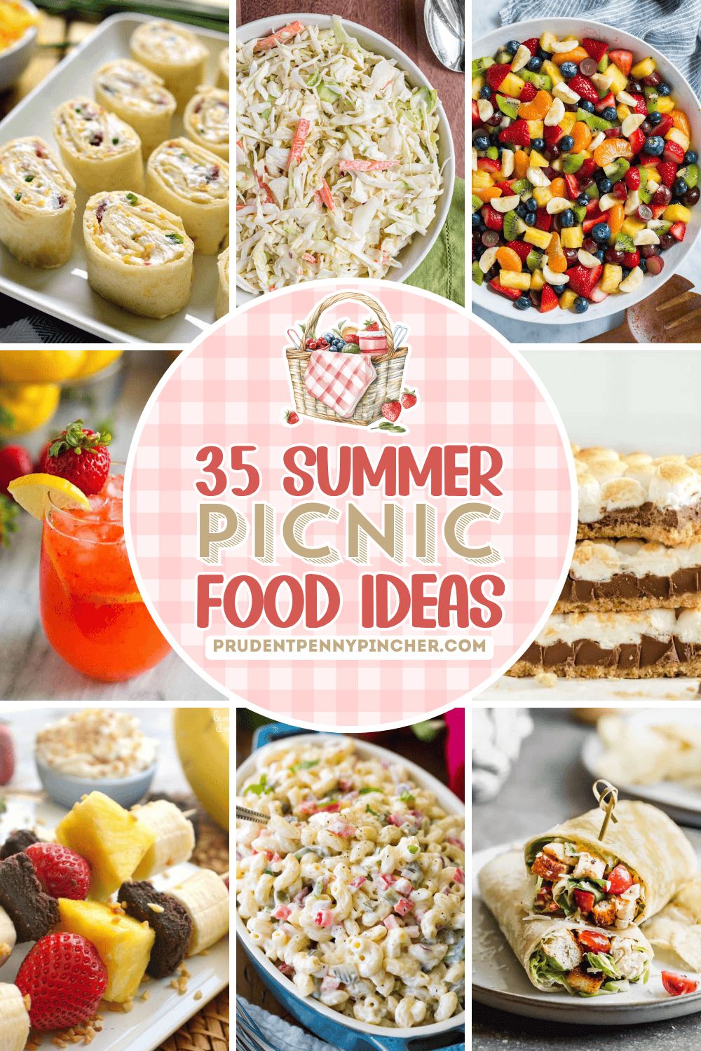 Summer picnic food ideas collage with pinwheels, coleslaw, fruit salad, lemonade, s’mores bars, fruit kabobs, pasta salad, and chicken wraps.