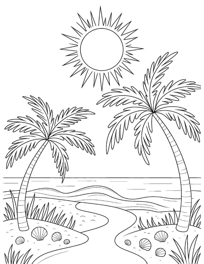 Tropical beach coloring sheet with palm trees, seashells, shoreline, ocean