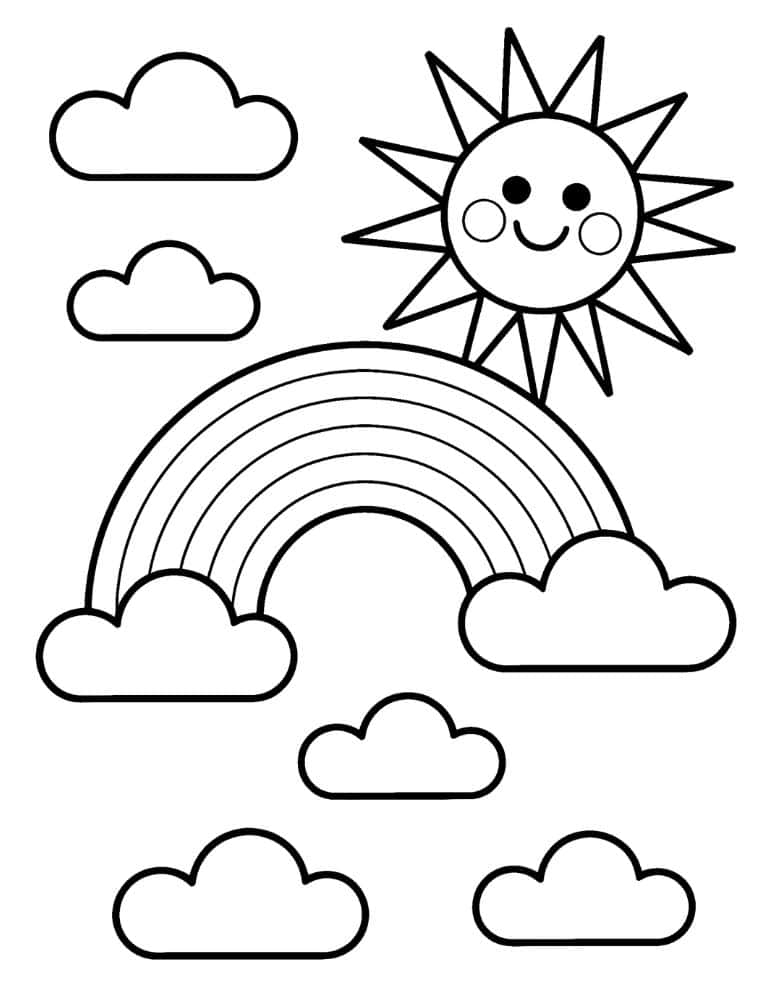 Rainbow coloring page with a smiling sun, clouds, and large rainbow arches