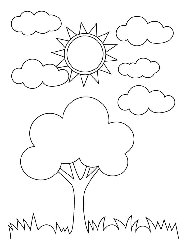 Sunny day scene with a tree, grass, clouds,