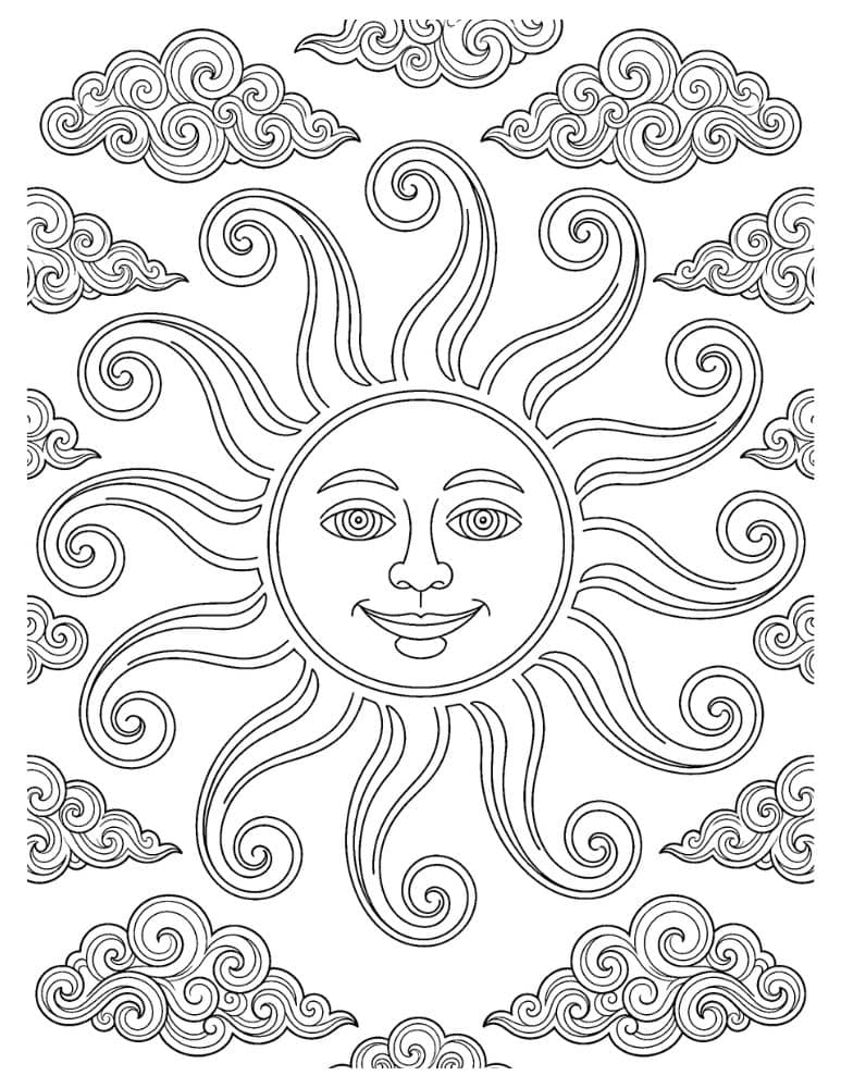 Detailed sun coloring page with a smiling sun face, swirling rays, and decorative cloud patterns