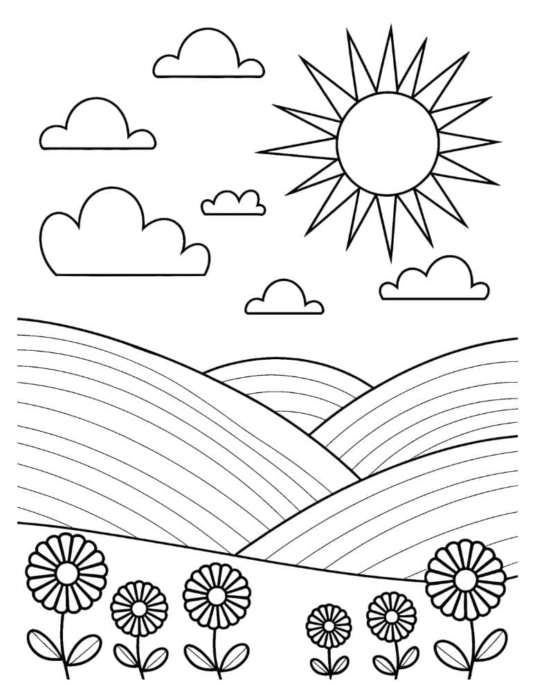 Landscape with rolling hills, flowers, clouds