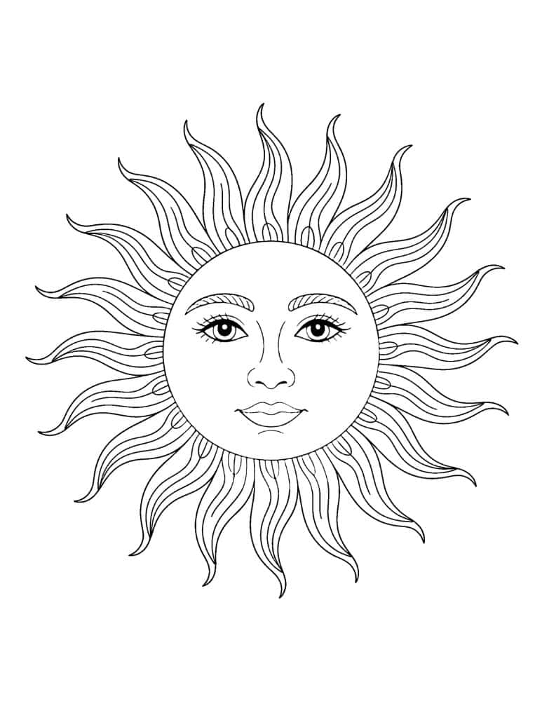 Detailed sun face coloring page