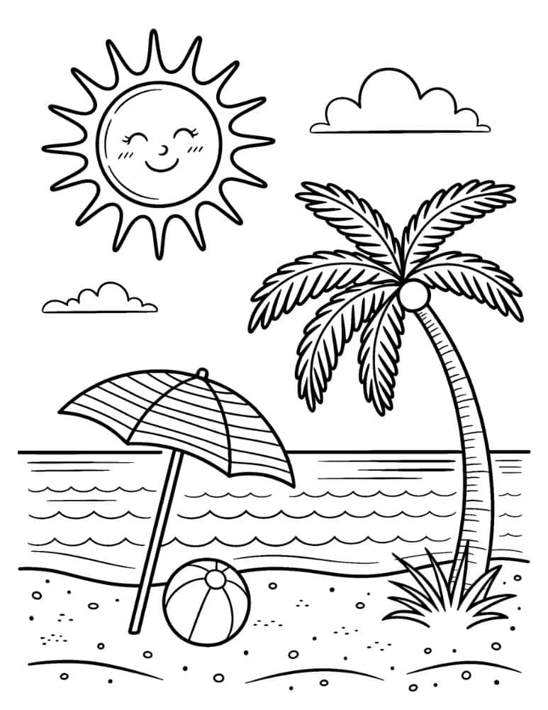 Beach page with a palm tree, umbrella, beach ball, ocean waves, and clouds