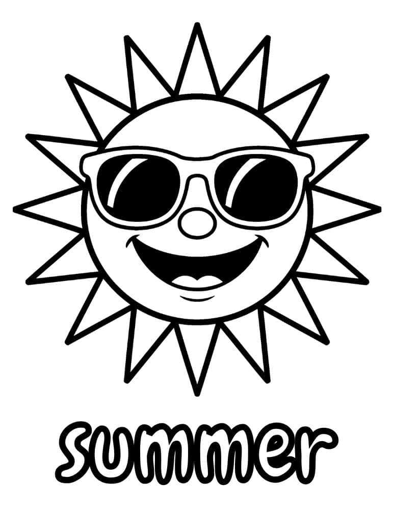 Summer sun coloring page with sunglasses