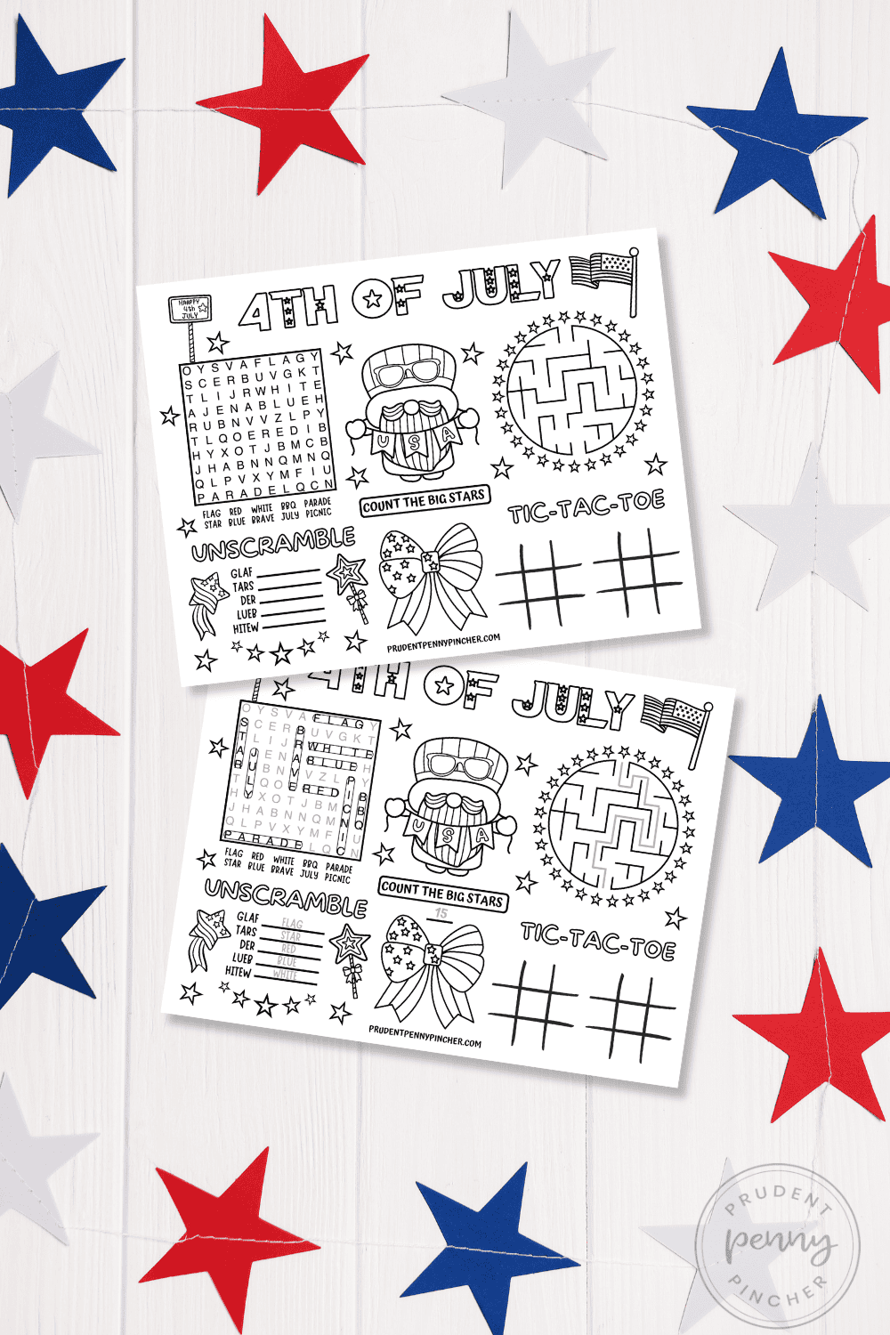 activity placemat with word search, maze, tic-tac-toe, counting stars, and patriotic coloring activities for kids