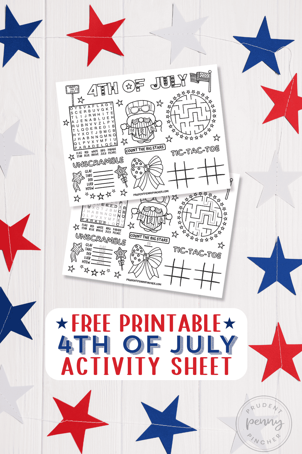 Free printable 4th of July activity sheet with patriotic games and coloring pages displayed on a red white and blue star background
