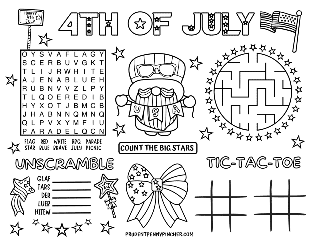 patriotic placemat for kids with a word search, maze, word scramble, star counting activity, tic-tac-toe, and patriotic coloring pictures