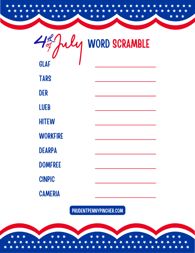 free printable 4th of July word scrambles with three difficulty levels
