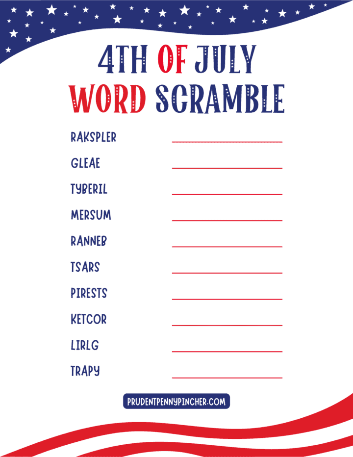 Free Printable 4th of July Word Scramble for Kids - Prudent Penny Pincher