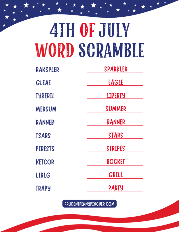Free Printable 4th of July Word Scramble for Kids - Prudent Penny Pincher