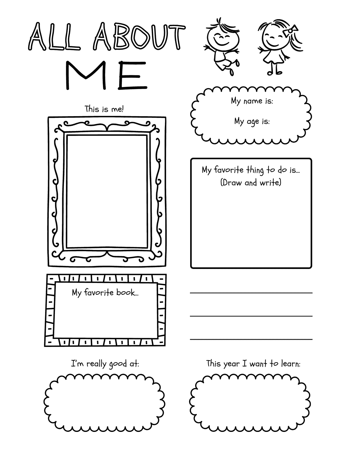 all about me printable with self portrait frame, favorite book, favorite activity, strengths, and school year goals