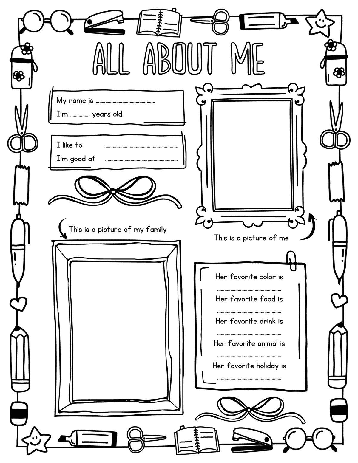 all about me worksheet with school supply border, self portrait, family picture, favorites, and writing prompts