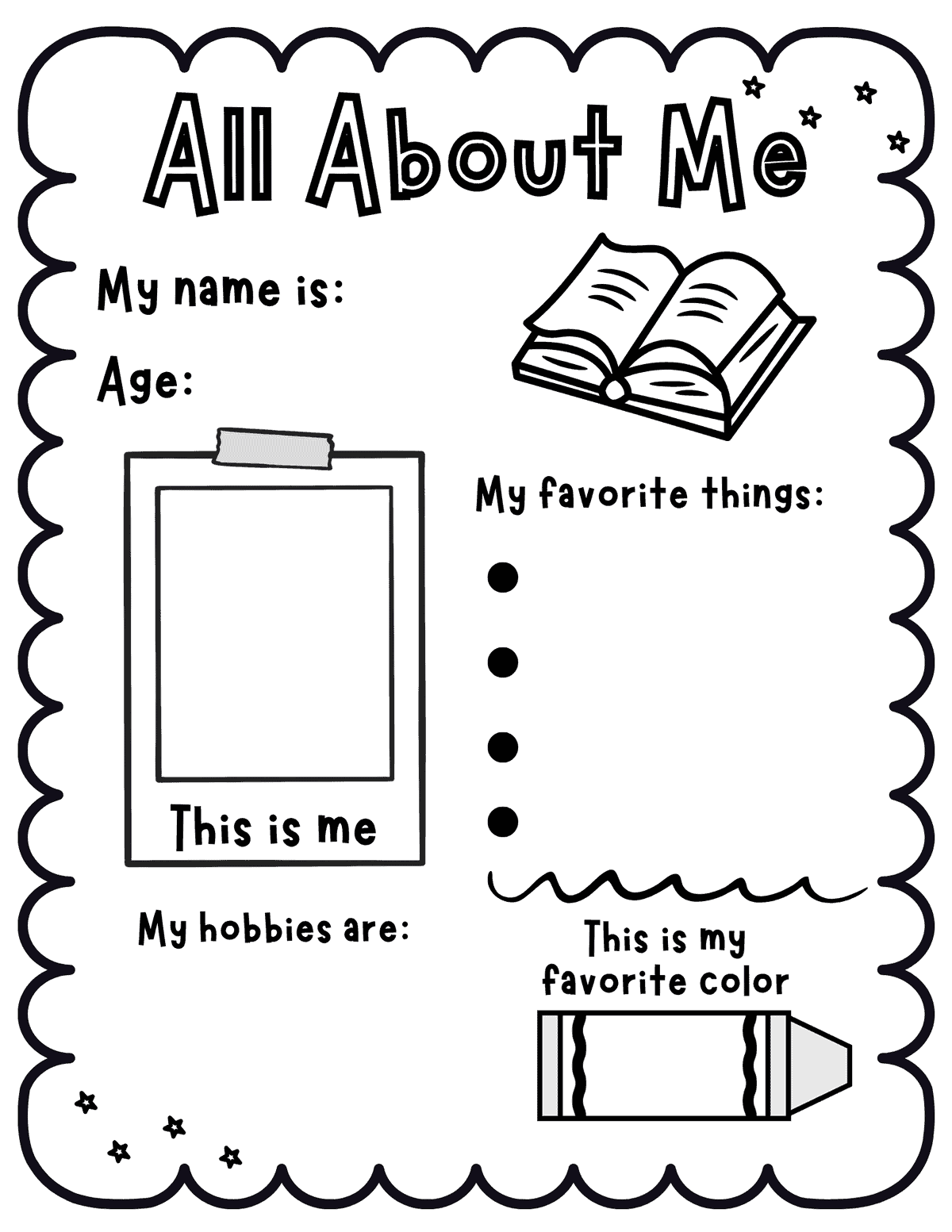 printable for kids with name, age, favorite things, hobbies, favorite color, and drawing box