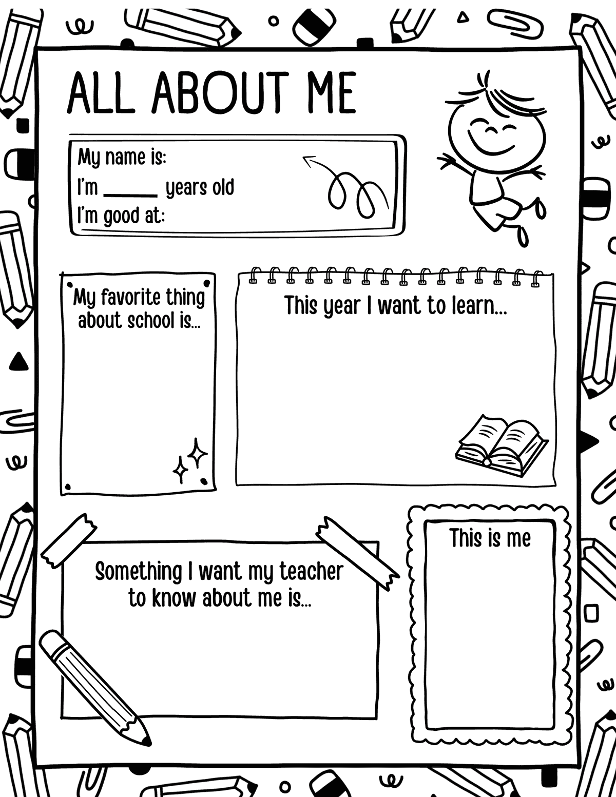 back to school printable with student illustration, school prompts, teacher note, learning goal, and self portrait