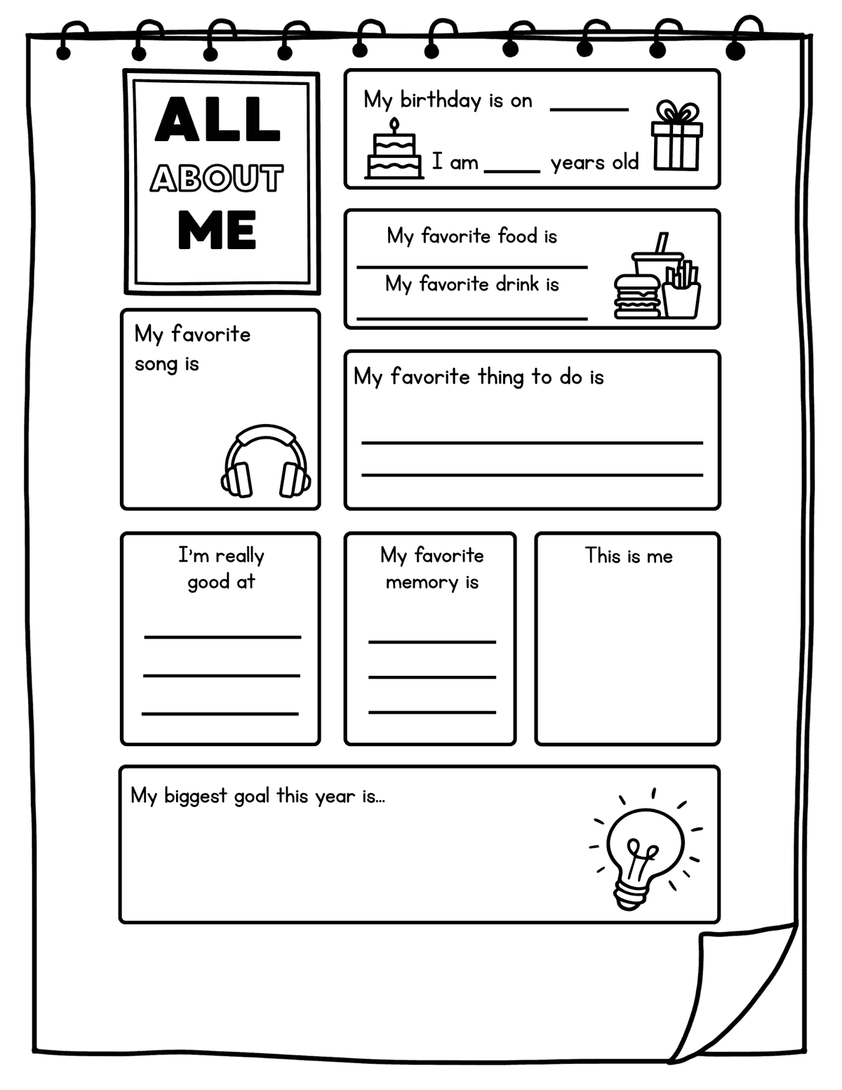 worksheet with birthday, favorite food, favorite drink, favorite song, favorite memory, goal, and self portrait